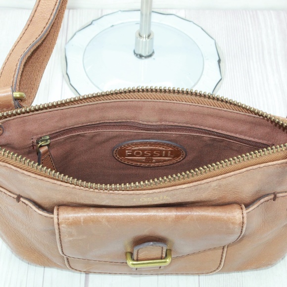 Fossil Brown Leather Zip Top Crossbody Purse Shoulder Bag - Picture 7 of 9